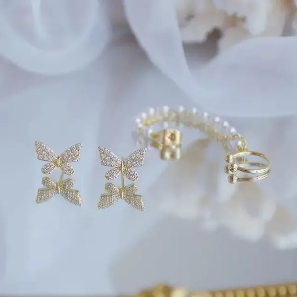 TGO_Celestial_Butterfly_Dream:_Zircon_Stud_&_Pearl_Chain_Ear_Cuff_Set
