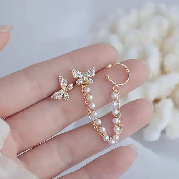 TGO_Celestial_Butterfly_Dream:_Zircon_Stud_&_Pearl_Chain_Ear_Cuff_Set