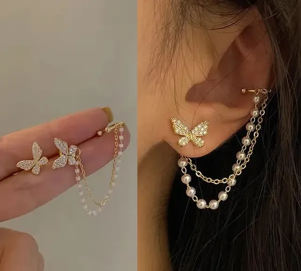 TGO_Celestial_Butterfly_Dream:_Zircon_Stud_&_Pearl_Chain_Ear_Cuff_Set