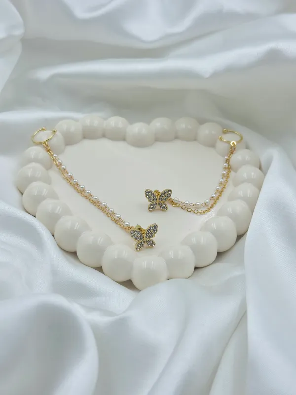 TGO_Celestial_Butterfly_Dream:_Zircon_Stud_&_Pearl_Chain_Ear_Cuff_Set