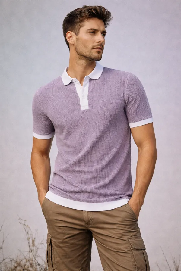 Lavender_Textured_Polo_T-Shirt_With_Contrast_Collar_And_Cuffs