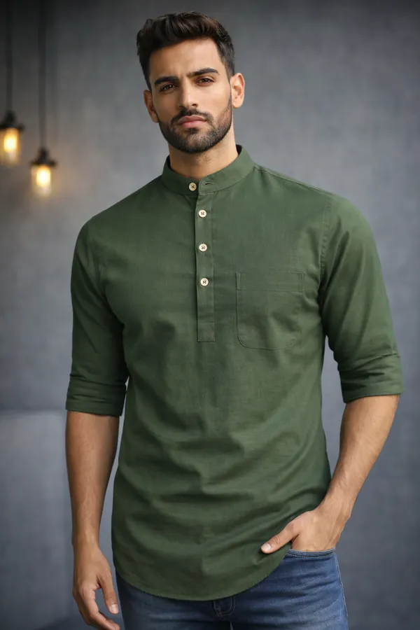 Olive_Green_Long_Sleeve_Mandarin_Collar_Kurta_Shirt
