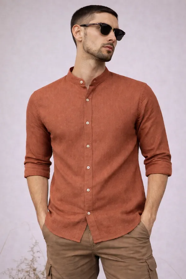 Rust_Orange_Linen_Mandarin_Collar_Full_Sleeve_Casual_Shirt