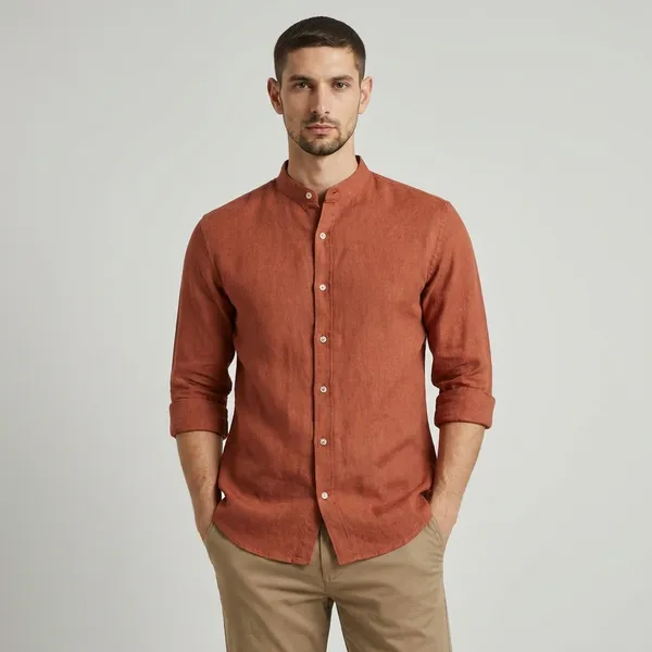 Rust_Orange_Linen_Mandarin_Collar_Full_Sleeve_Casual_Shirt