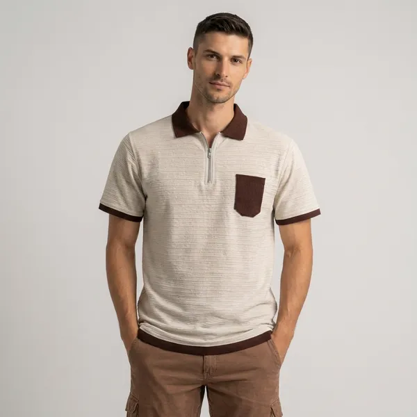 Beige_&_Brown_Textured_Polo_T-Shirt_With_Contrast_Collar_And_Pocket