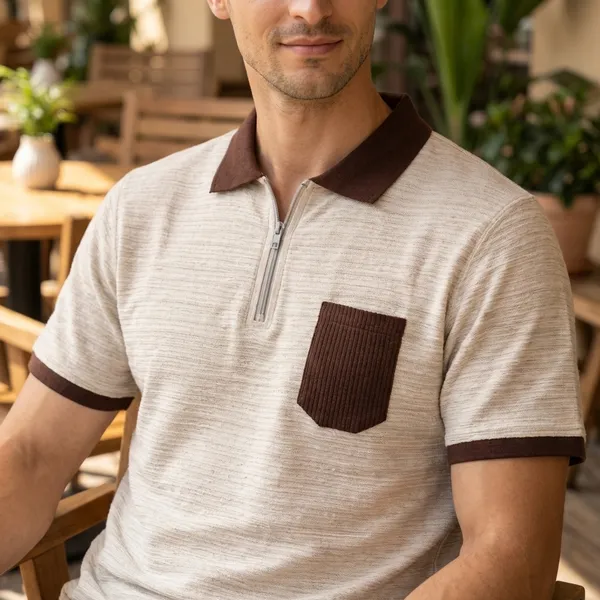 Beige_&_Brown_Textured_Polo_T-Shirt_With_Contrast_Collar_And_Pocket