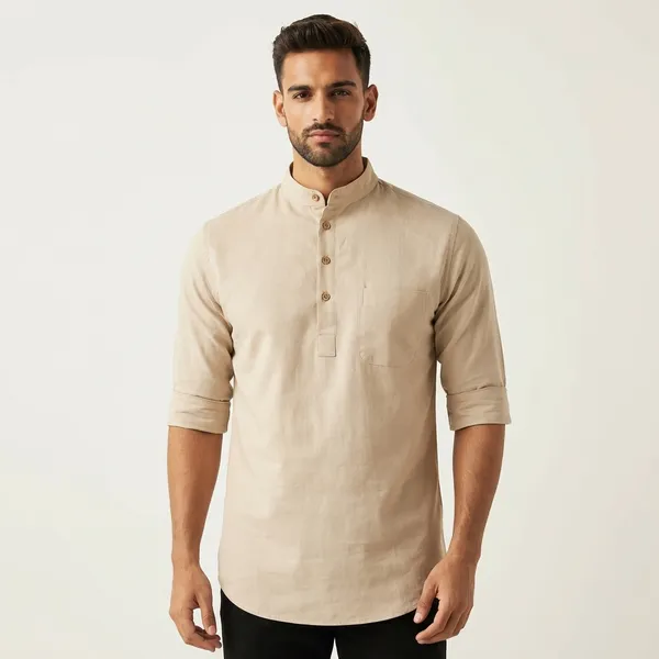 Beige_Mandarin_Collar_Short_Kurta