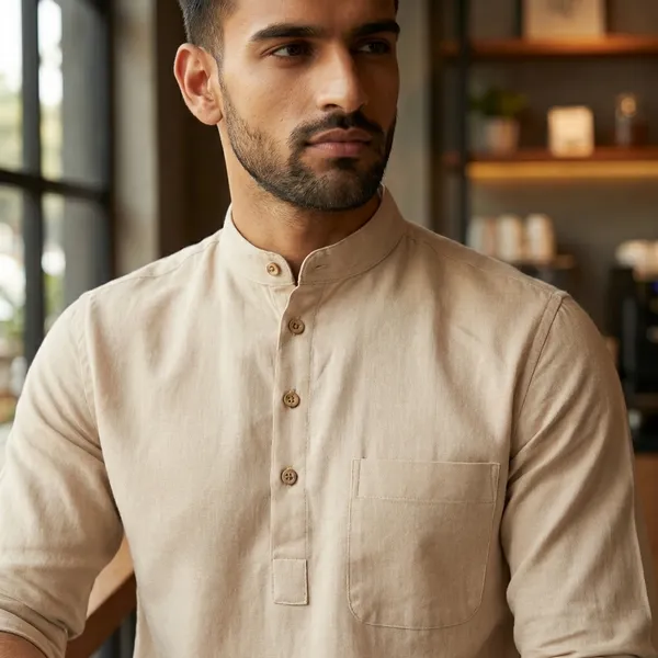 Beige_Mandarin_Collar_Short_Kurta