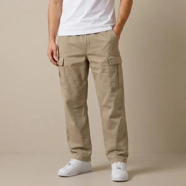 Khaki_Cargo_Pants_With_Elastic_Waist_And_Multiple_Pockets