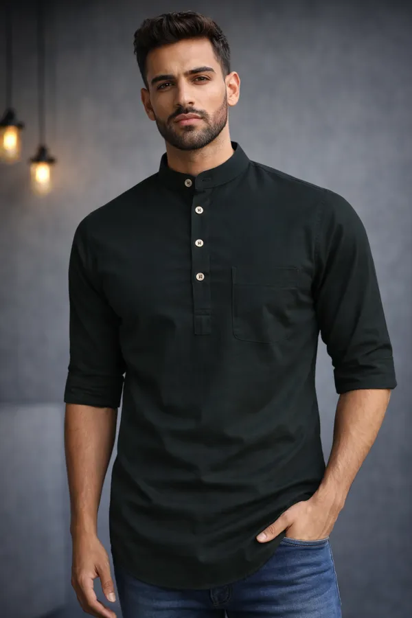 Black_Mandarin_Collar_Cotton_Kurta_With_Button_Placket