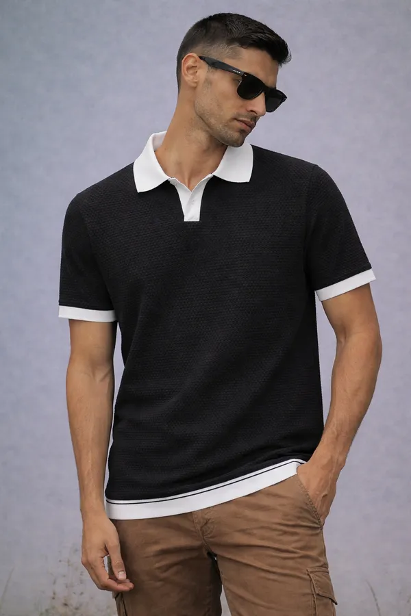 Black_Polo_T-Shirt_With_White_Contrast_Collar_And_Trim