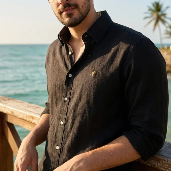 Black_Casual_Linen_Shirt_With_Star_Emblem