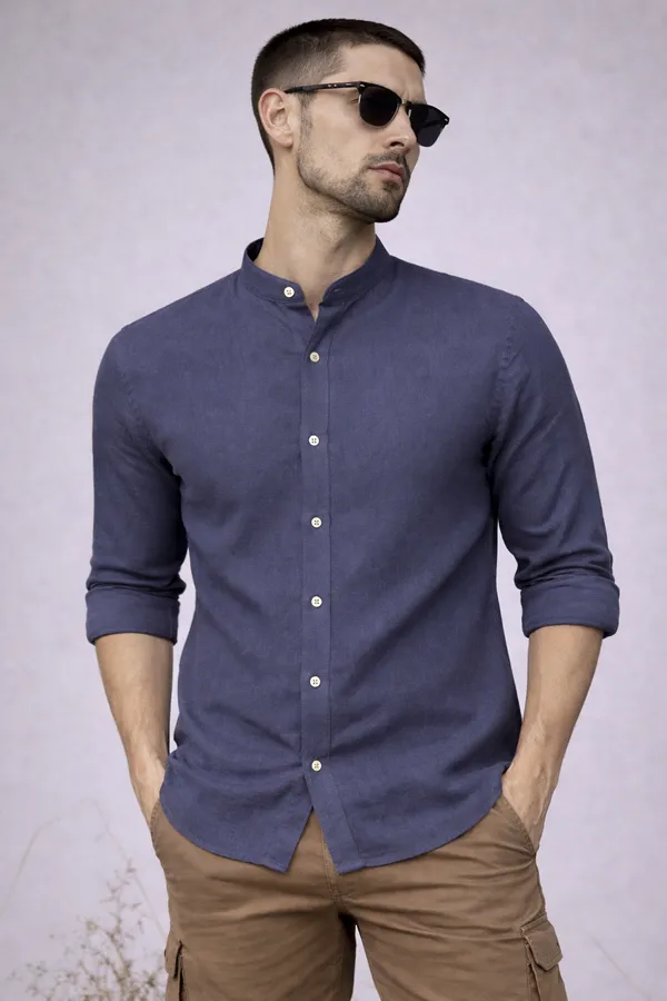 Navy_Blue_Mandarin_Collar_Cotton_Shirt_For_Men
