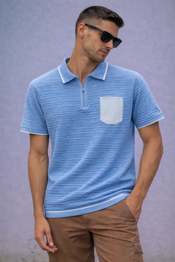 Blue_Textured_Polo_T-Shirt_With_Contrast_Trim_And_Pocket