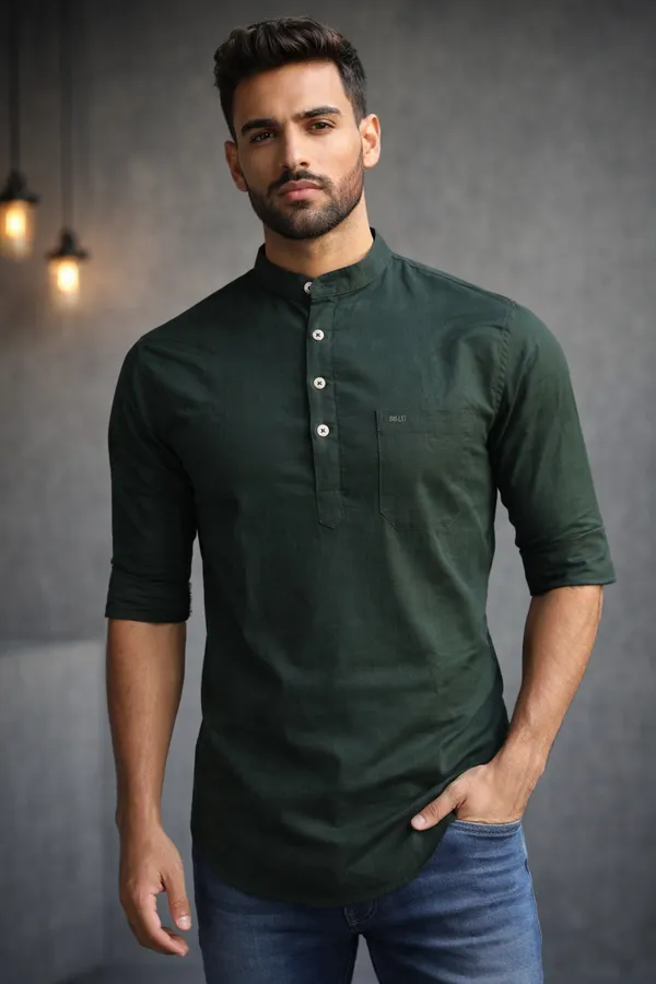 Dark_Green_Mandarin_Collar_Cotton_Kurta_Shirt