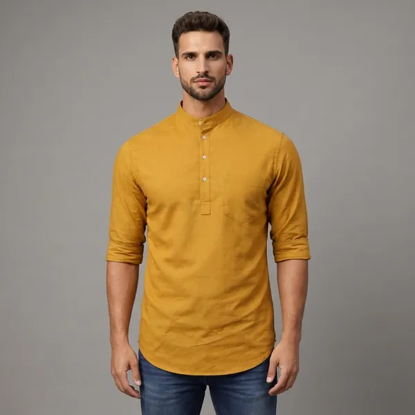 Mustard_Yellow_Cotton_Kurta_With_Mandarin_Collar