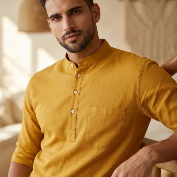 Mustard_Yellow_Cotton_Kurta_With_Mandarin_Collar
