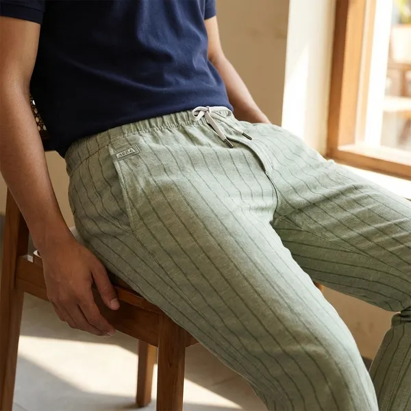 Olive_Green_Striped_Drawstring_Casual_Trousers