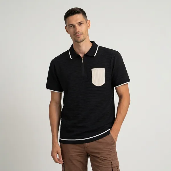 Black_Textured_Polo_T-Shirt_With_Contrast_Pocket