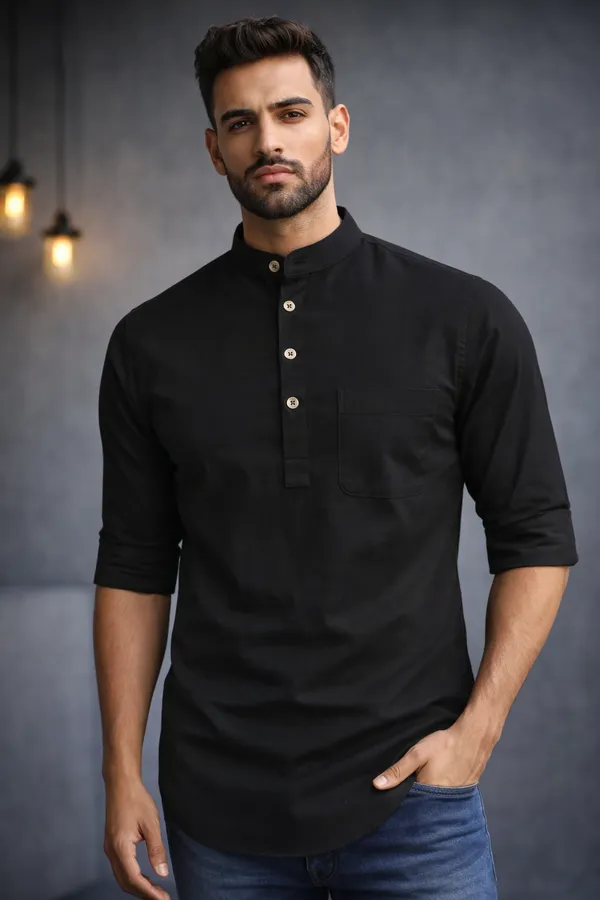 Black_Cotton_Kurta_With_Mandarin_Collar