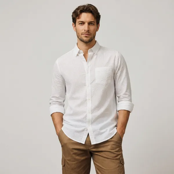White_Textured_Long_Sleeve_Casual_Shirt