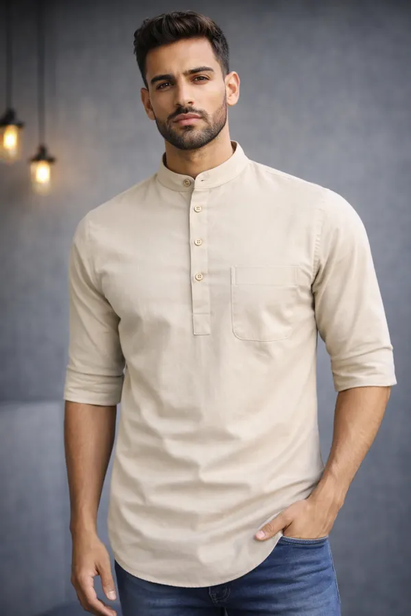 Beige_Mandarin_Collar_Short_Kurta
