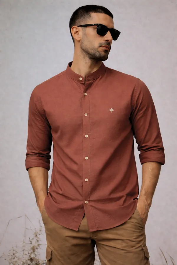 Rust_Brown_Mandarin_Collar_Casual_Shirt