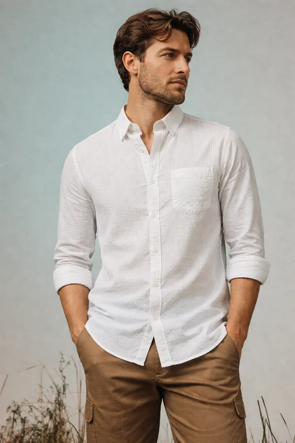 White_Textured_Long_Sleeve_Casual_Shirt