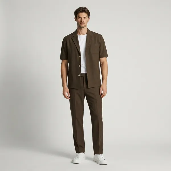 Brown_Short_Sleeve_Linen_Suit_With_White_Sneakers