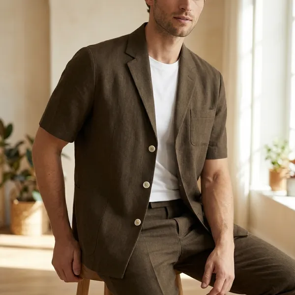 Brown_Short_Sleeve_Linen_Suit_With_White_Sneakers