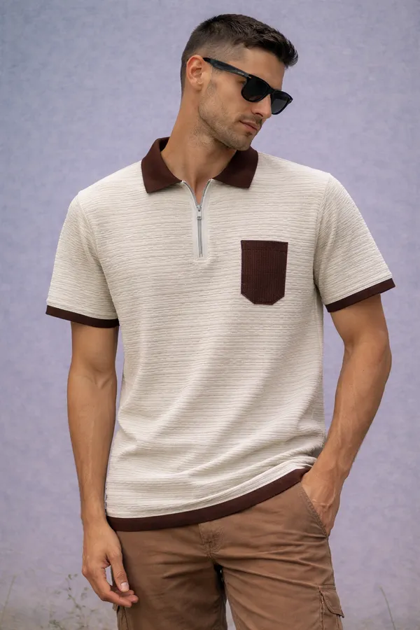 Beige_&_Brown_Textured_Polo_T-Shirt_With_Contrast_Collar_And_Pocket