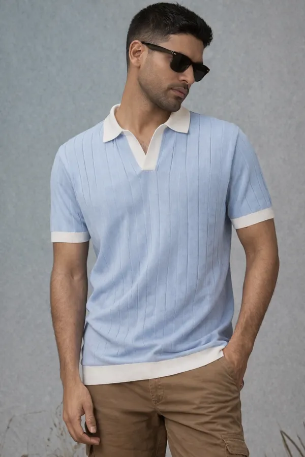 Light_Blue_Striped_Knit_Polo_T-Shirt_With_White_Contrast_Trim