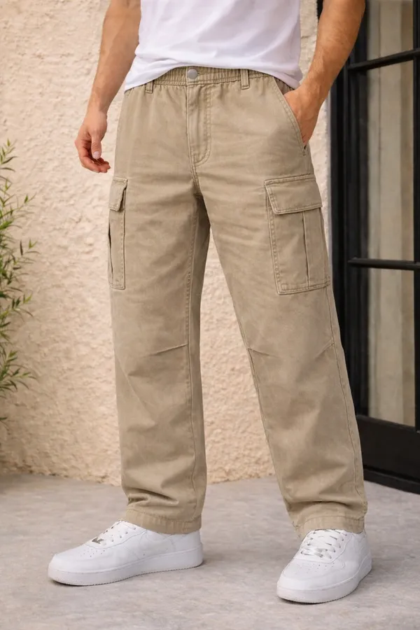 Khaki_Cargo_Pants_With_Elastic_Waist_And_Multiple_Pockets