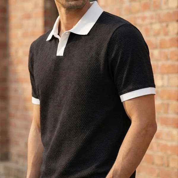 Black_Polo_T-Shirt_With_White_Contrast_Collar_And_Trim