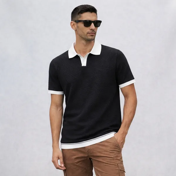 Black_Polo_T-Shirt_With_White_Contrast_Collar_And_Trim