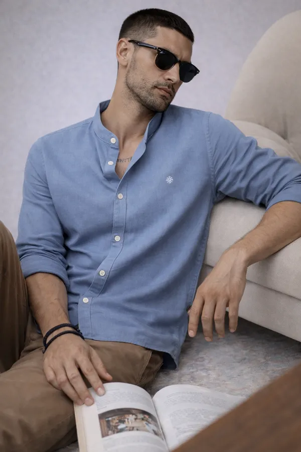 Blue_Mandarin_Collar_Casual_Shirt