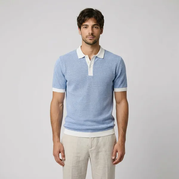 Light_Blue_Textured_Polo_T-Shirt_With_White_Contrast_Collar_And_Trim