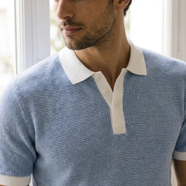 Light_Blue_Textured_Polo_T-Shirt_With_White_Contrast_Collar_And_Trim