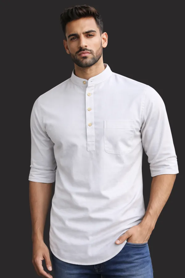 White_Mandarin_Collar_Cotton_Kurta_With_Button_Placket