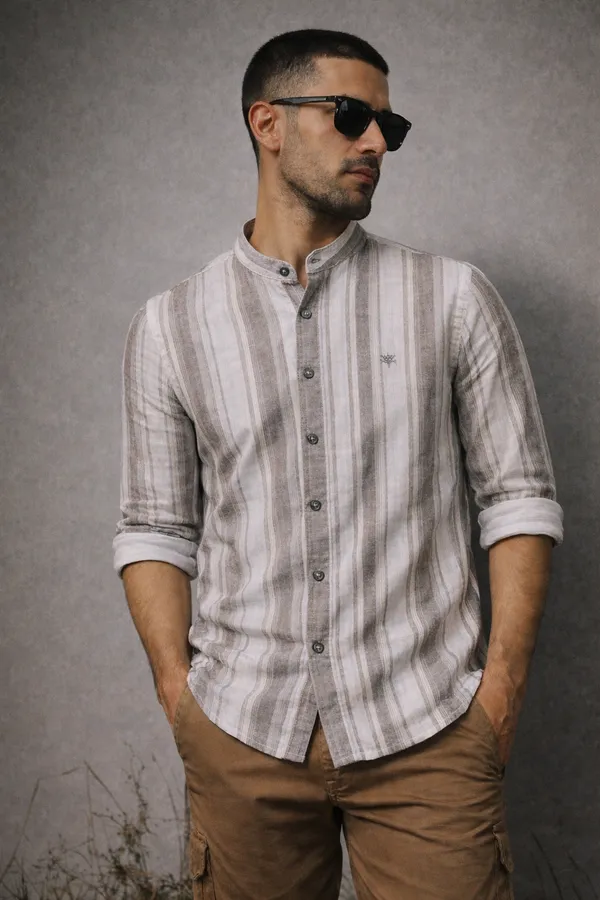 Beige_And_White_Striped_Mandarin_Collar_Shirt