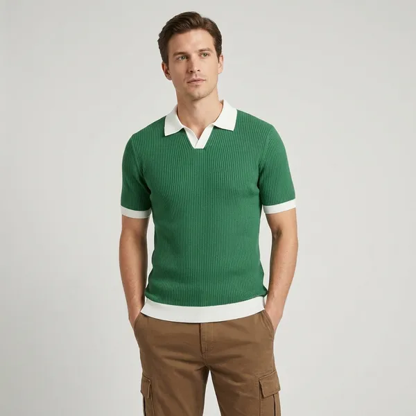 Green_Ribbed_Polo_Neck_Knit_T-Shirt_With_White_Contrast_Trim