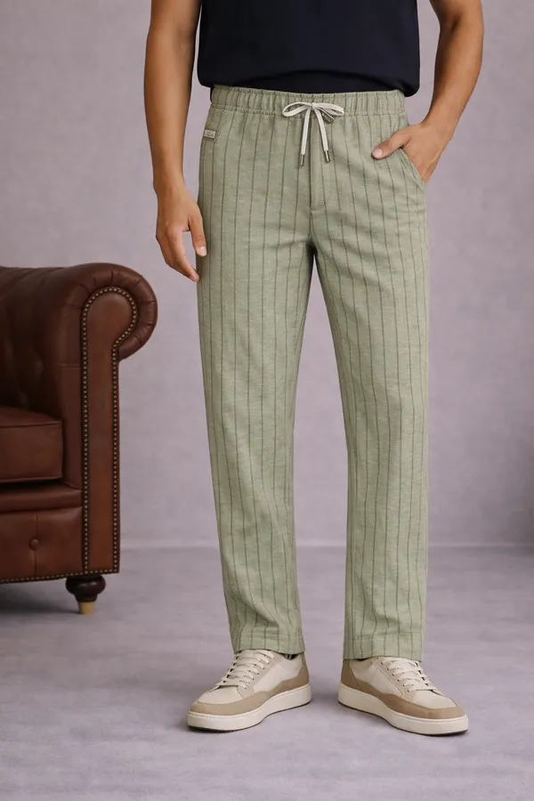 Olive_Green_Striped_Drawstring_Casual_Trousers