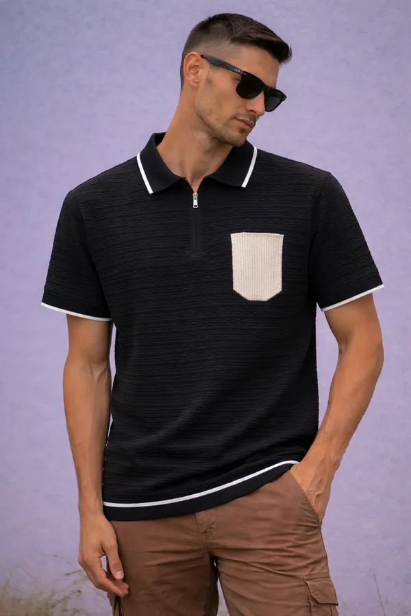 Black_Textured_Polo_T-Shirt_With_Contrast_Pocket