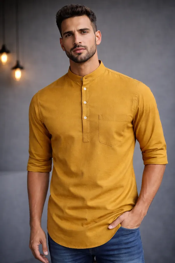 Mustard_Yellow_Cotton_Kurta_With_Mandarin_Collar