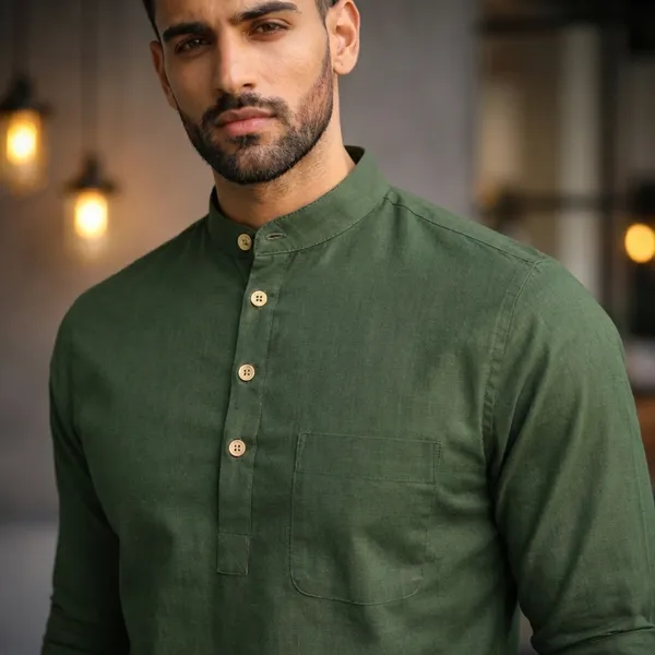Olive_Green_Long_Sleeve_Mandarin_Collar_Kurta_Shirt