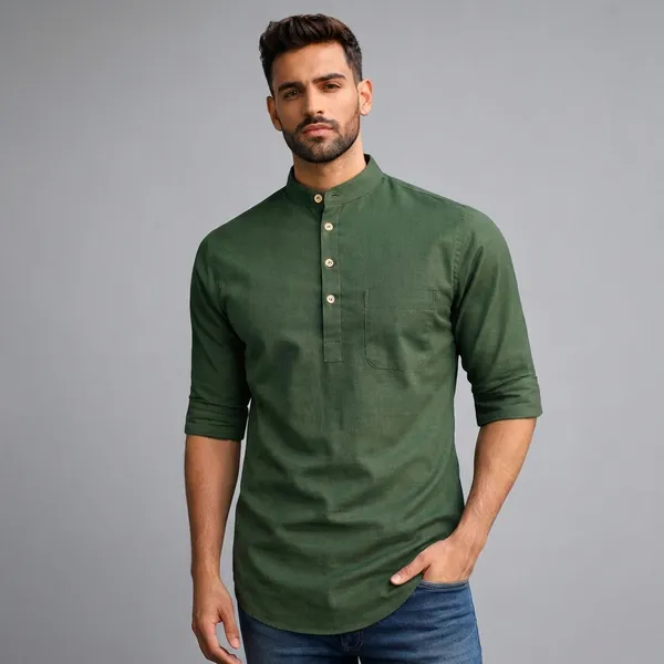 Olive_Green_Long_Sleeve_Mandarin_Collar_Kurta_Shirt