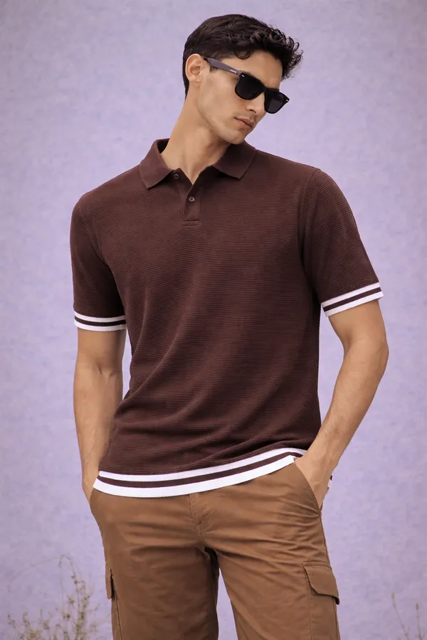 Brown_Textured_Polo_T-Shirt_With_Striped_Hem