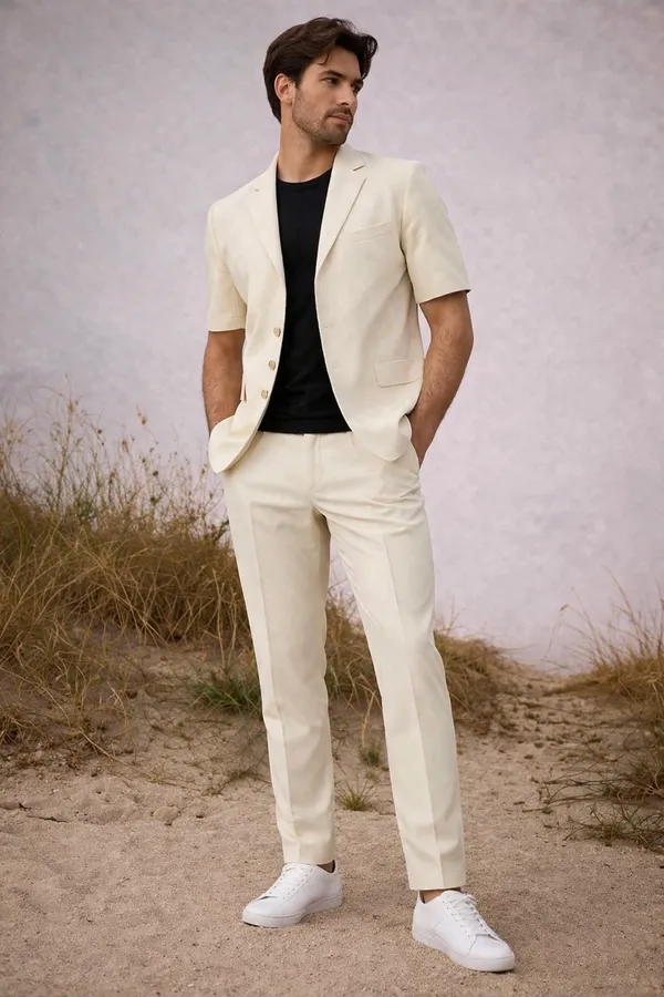 Cream_Short_Sleeve_Suit_Set_With_Black_T-Shirt