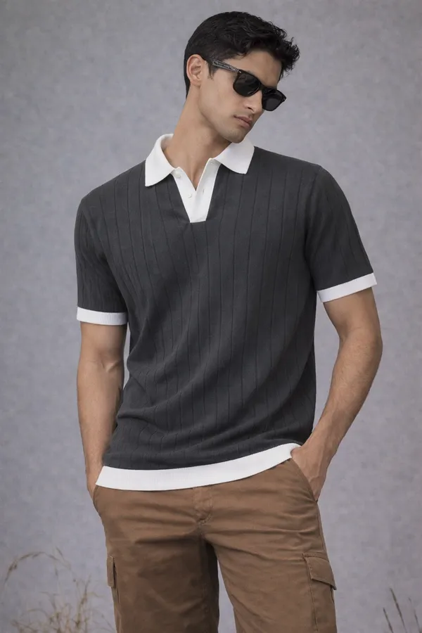 Black_Ribbed_Knit_Polo_T-Shirt_With_White_Contrast_Trim