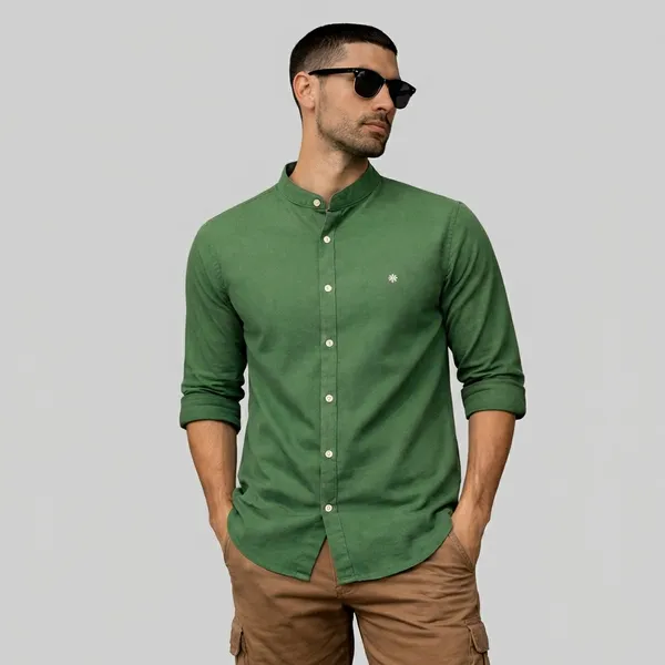 Olive_Green_Mandarin_Collar_Casual_Shirt